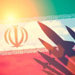 Iranian flag with silhouetted missiles and sunlight