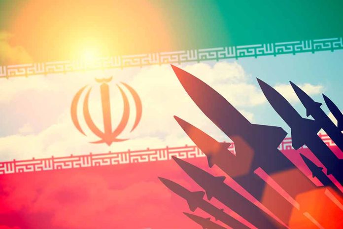 Iranian flag with silhouetted missiles and sunlight