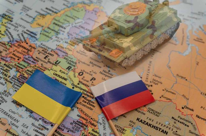 Ukrainian and Russian flags on a map