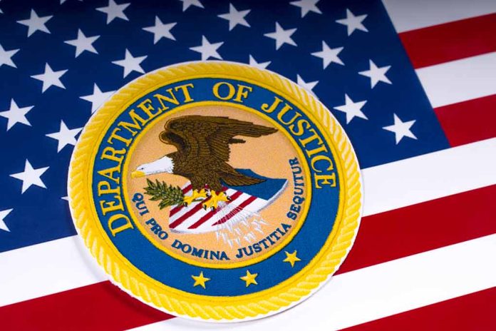 1054857701 featured image Department of Justice emblem on the American flag