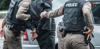 Police arresting a person by a car