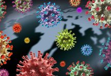 Colorful virus illustrations over a world map