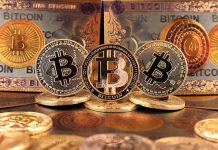 Bitcoins and Bitcoin-themed banknotes in various designs