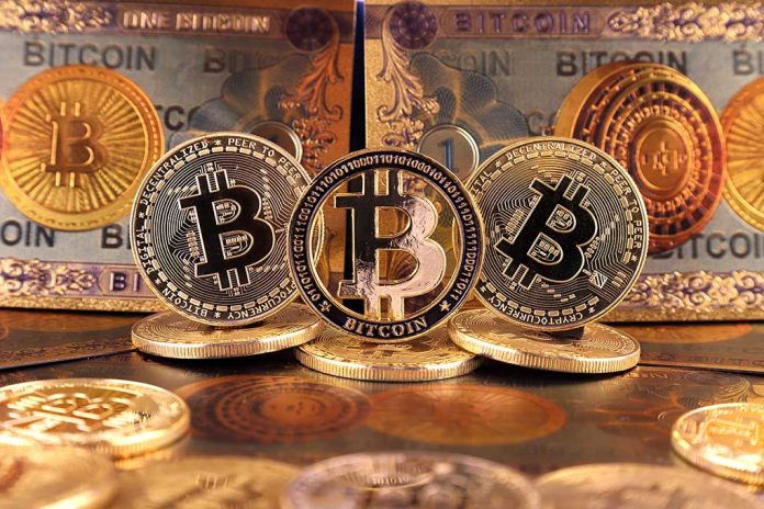 Bitcoins and Bitcoin-themed banknotes in various designs
