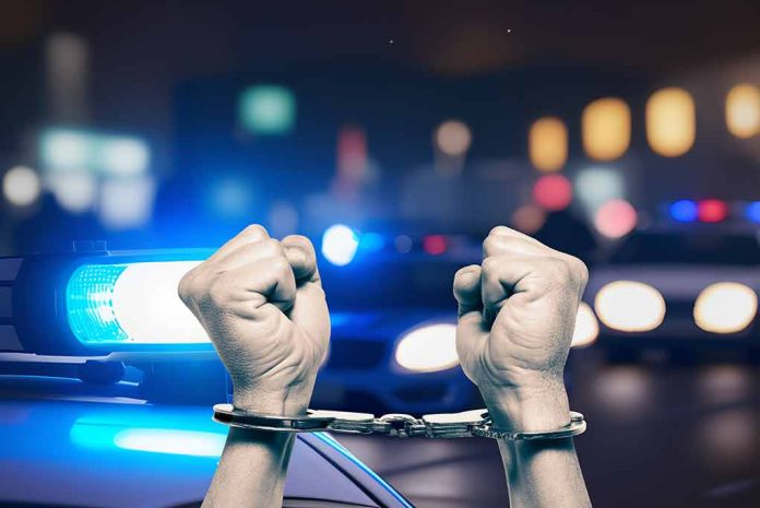 2348949967 featured image Handcuffed hands raised police cars with lights on