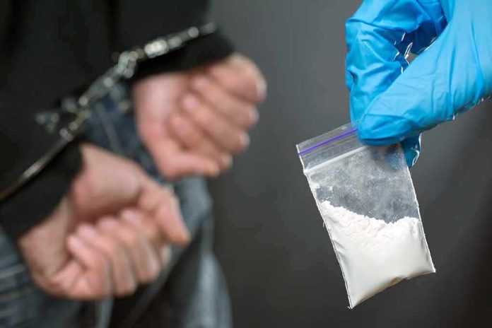 1198679785 featured image Handcuffed person with small bag of white powder