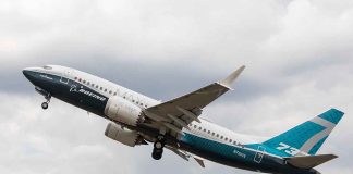 Airplane midflight against a cloudy sky