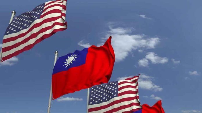 1500442529 American and Taiwanese flags waving in the sky