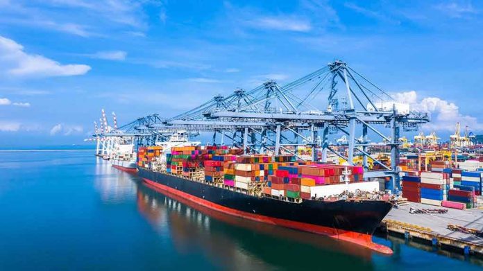 1570847962 Container ship docked at a busy industrial port