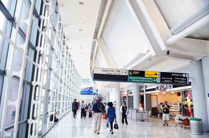99344561 People walking in a brightly lit airport terminal