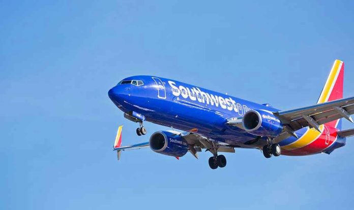 Southwest Airlines plane flying in blue sky
