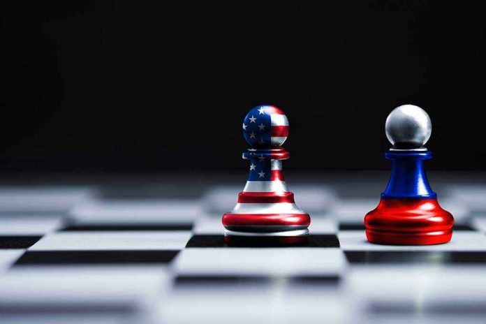 Two chess pawns painted as American and Russian flags