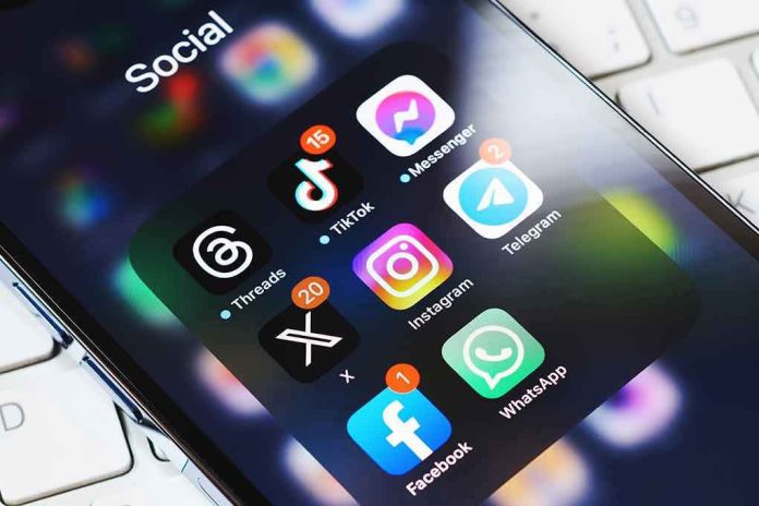 2339442245 Smartphone showing social media app icons in a folder