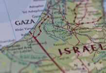 Map showing Gaza Strip and parts of Israel