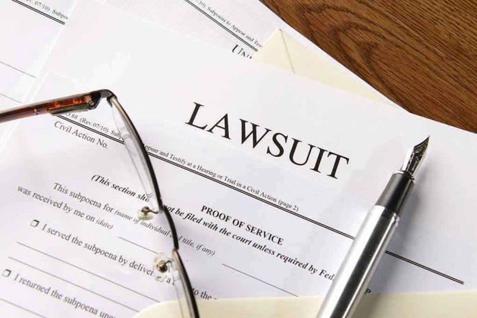 334984952 Lawsuit papers with glasses and pen on table
