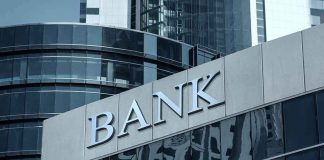 Bank building with reflective glass windows.