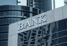 Bank building with reflective glass windows