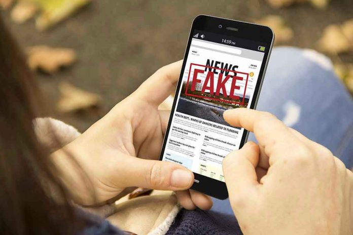 638642296 Person holding smartphone displaying fake news notification.