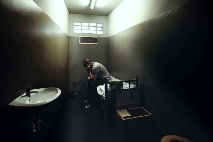 A person sitting in a dimly lit prison cell appearing contemplative and distressed