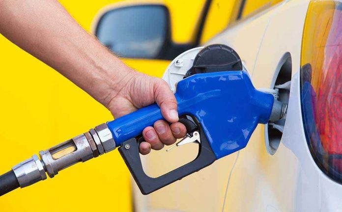 shutterstock_213099199.jpg A person refueling a car at a gas station with a blue nozzle
