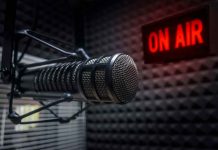 Radio microphone in studio with On Air sign