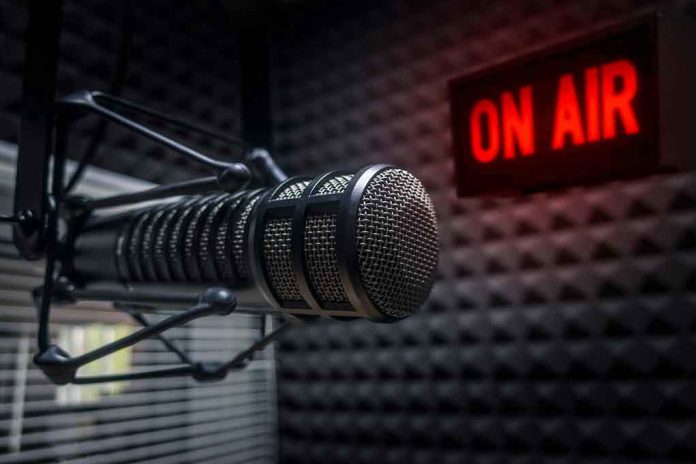 1218528058 Radio microphone in studio with On Air sign