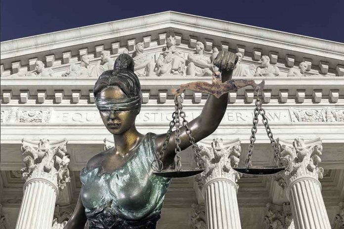 Lady Justice statue in front of courthouse