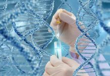 Hands with pipette and test tube surrounded by DNA strands