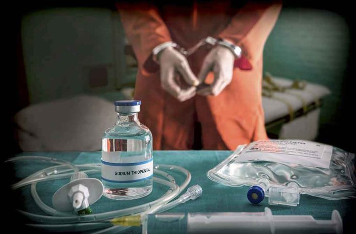 Vial labeled Sodium Thiopental near handcuffed person.