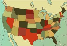 Color-coded map of the United States showing different states