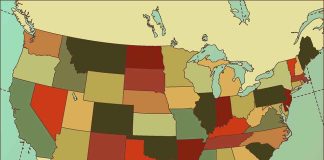 Color-coded map of the United States showing different states