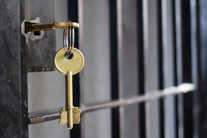 1134195950 Key in lock of prison cell door