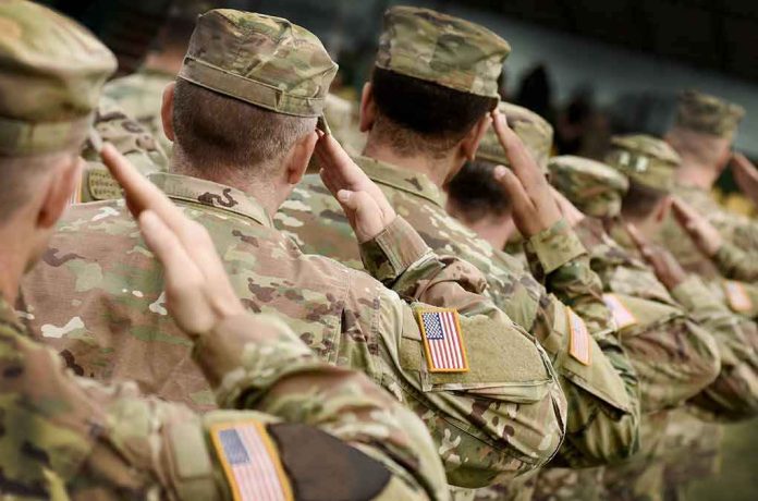 1548712049 Soldiers in camouflage uniforms saluting in formation outdoors