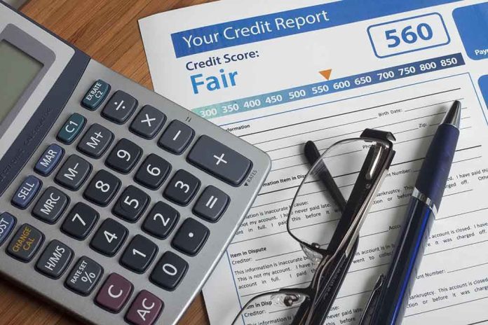 Calculator and glasses on credit report document