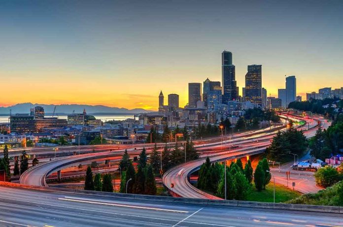 City skyline with highways at sunset