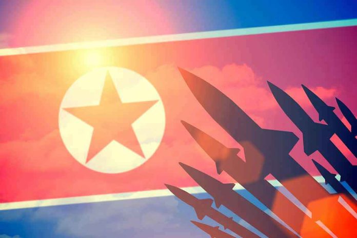 395414536 North Korean flag with missile silhouettes