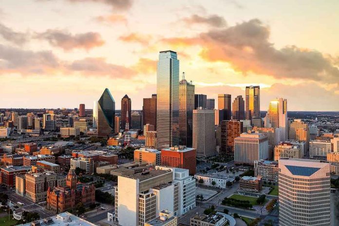 City skyline at sunset with modern skyscrapers