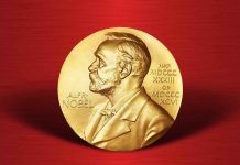 Gold Nobel Prize medal on red background