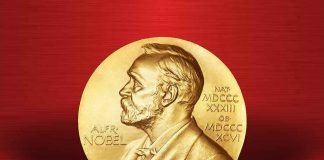 Gold Nobel Prize medal on red background