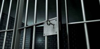 Close up of a locked prison gate with metal bars