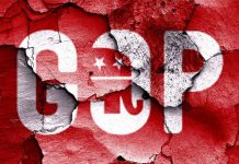 Cracked wall featuring the GOP logo in red and white