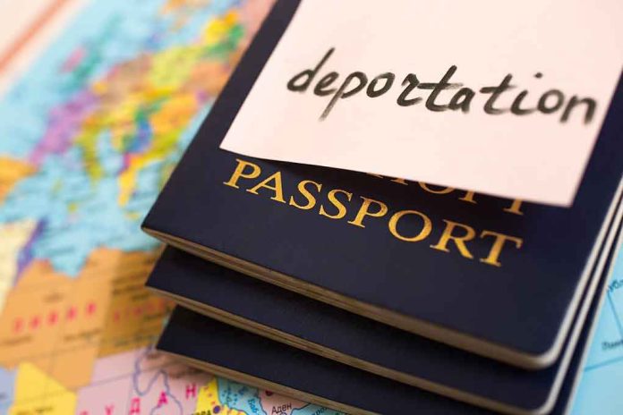 shutterstock_279449597.jpg Stack of passports with a note labeled deportation on top placed on a map