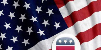 American flag with Republican elephant symbol