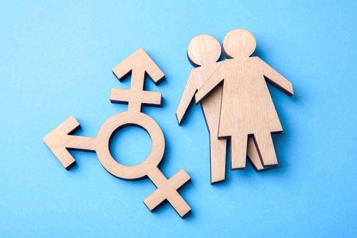 1145016626 Wooden transgender symbol and couple figures on blue background.