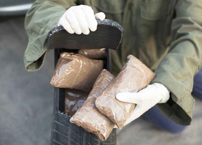 Person handling packages wearing gloves and green jacket.