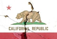 Could There be an East and West California? Cracked California Republic flag on a wall.