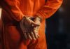 Teacher Jailed Repeatedly Over Pronoun Standoff Person in orange jumpsuit with handcuffs behind back.