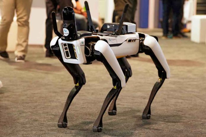 2072091020 Robotic dog standing on indoor carpeted floor.