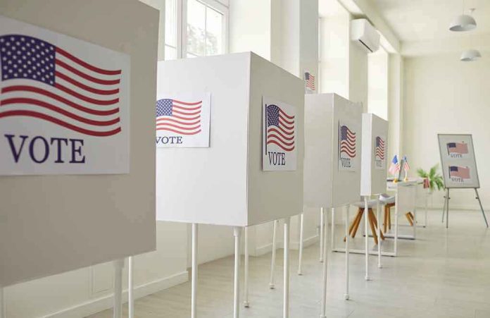 Voting booths with American flag and VOTE signs