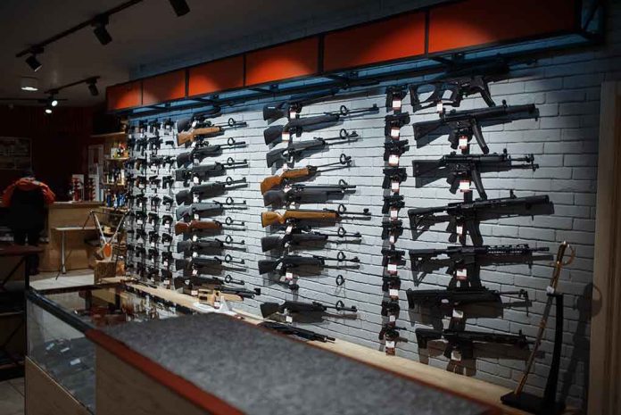 Wall-mounted guns displayed in a store.